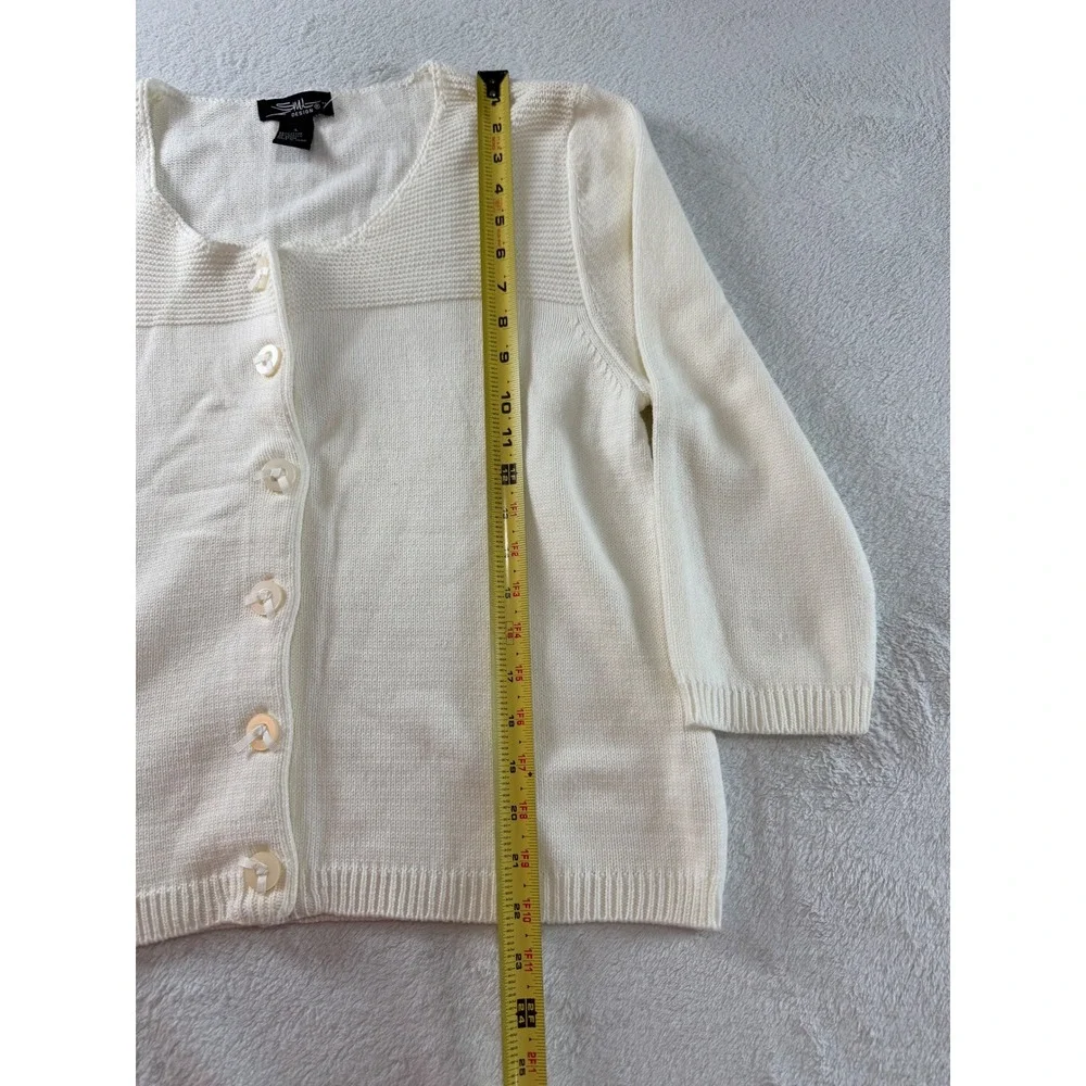 SML Design Cream Ivory Button Front Cardigan Sweater Textured Yoke 3/4 Sleeve L